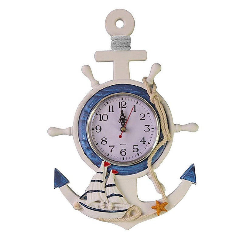 WINOMO Mediterranean Style Anchor Clock Beach Sea Theme Nautical Wheel Rudder Steering Wheel Decor Wall Hanging Decoration - Image 1